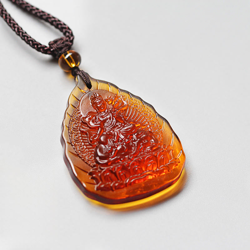 Wear FengShui Liuli Crystal Chinese Zodiac Natal Buddha Protection Leaf Shape Necklace Pendant