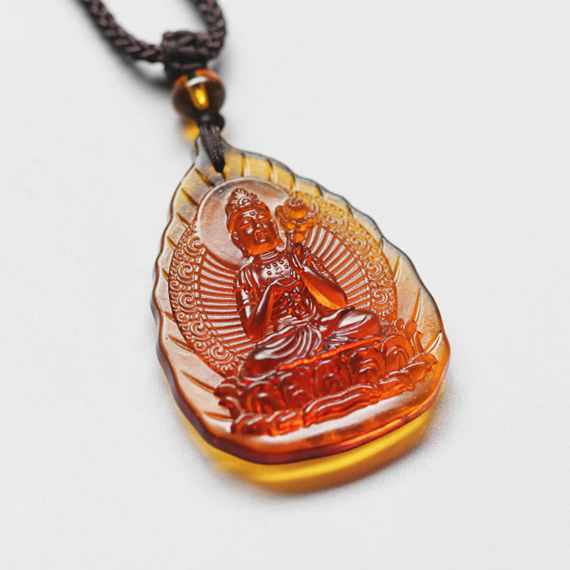 Wear FengShui Liuli Crystal Chinese Zodiac Natal Buddha Protection Leaf Shape Necklace Pendant