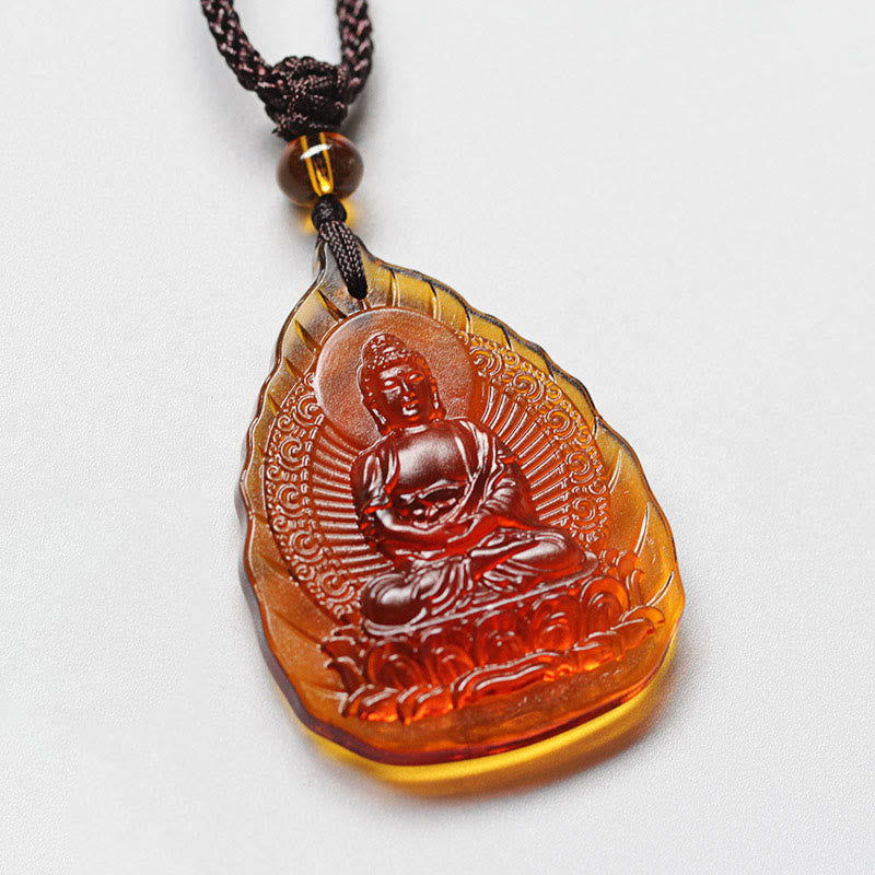 Wear FengShui Liuli Crystal Chinese Zodiac Natal Buddha Protection Leaf Shape Necklace Pendant