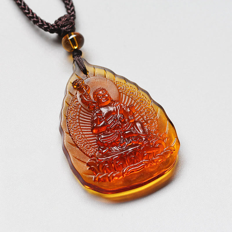 Wear FengShui Liuli Crystal Chinese Zodiac Natal Buddha Protection Leaf Shape Necklace Pendant
