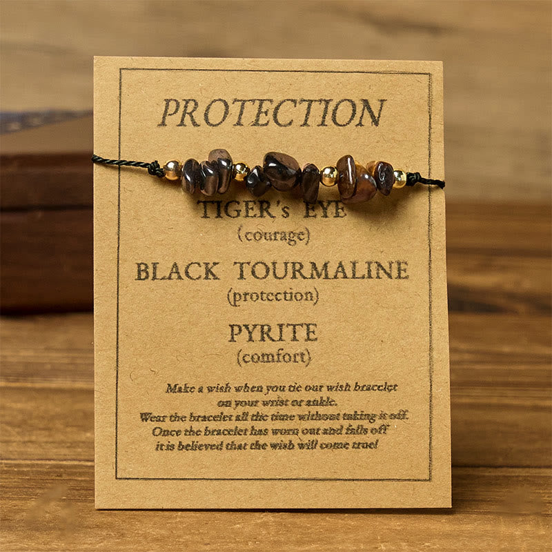 Wear FengShui Tiger Eye Black Tourmaline Pyrite Protection Card Rope Bracelet