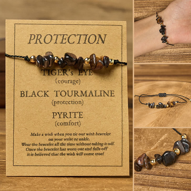 Wear FengShui Tiger Eye Black Tourmaline Pyrite Protection Card Rope Bracelet