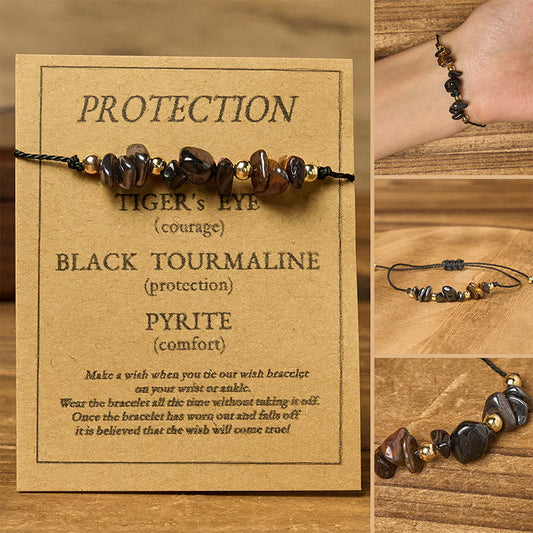 Wear FengShui Tiger Eye Black Tourmaline Pyrite Protection Card Rope Bracelet