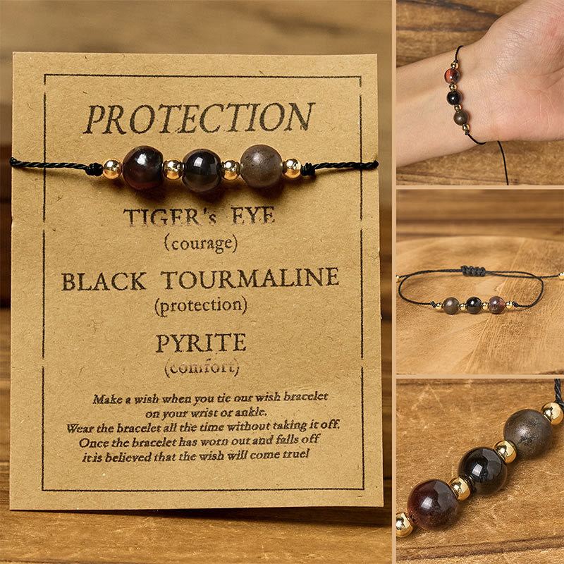 Wear FengShui Tiger Eye Black Tourmaline Pyrite Protection Card Rope Bracelet