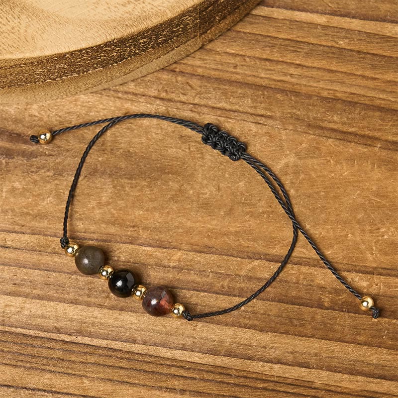 Wear FengShui Tiger Eye Black Tourmaline Pyrite Protection Card Rope Bracelet