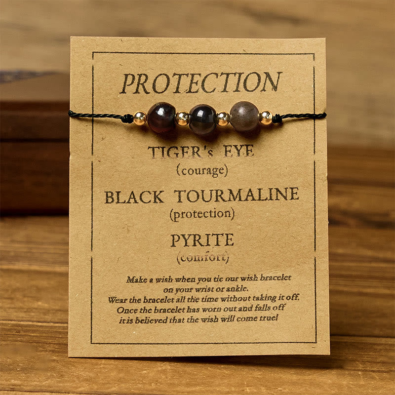 Wear FengShui Tiger Eye Black Tourmaline Pyrite Protection Card Rope Bracelet