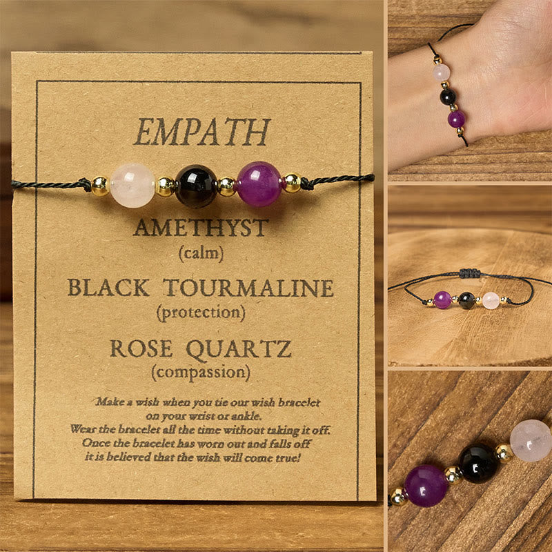 Wear FengShui Amethyst Black Tourmaline Rose Quartz Empath Card Rope Bracelet