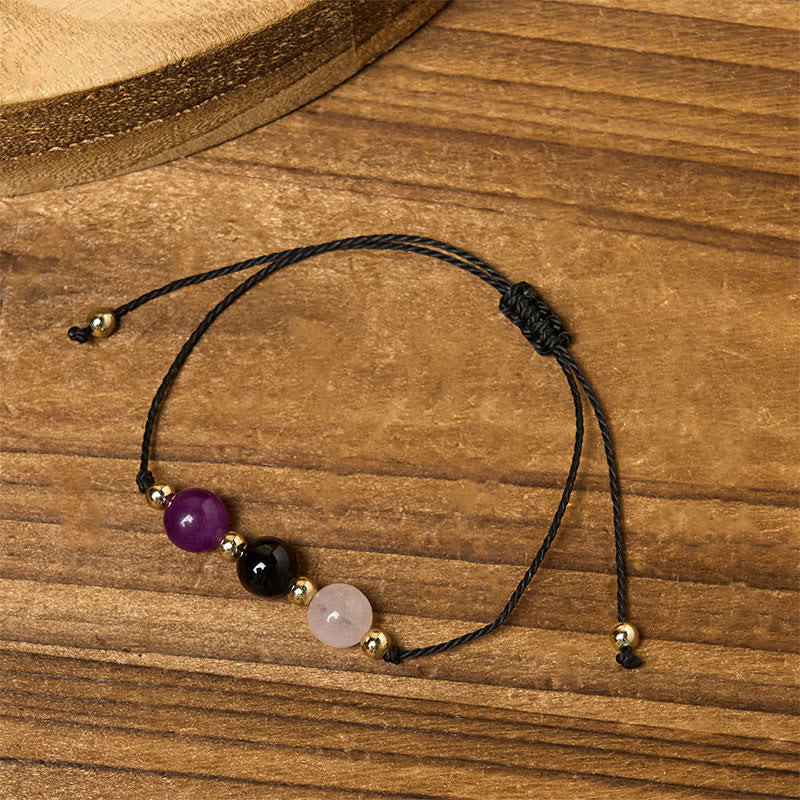 Wear FengShui Amethyst Black Tourmaline Rose Quartz Empath Card Rope Bracelet