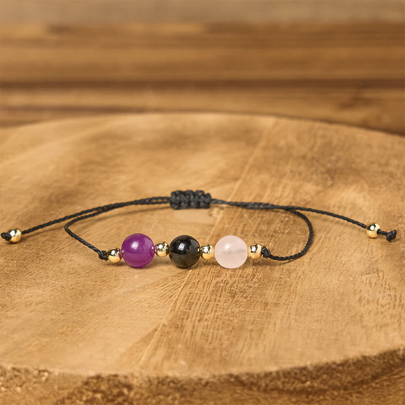 Wear FengShui Amethyst Black Tourmaline Rose Quartz Empath Card Rope Bracelet