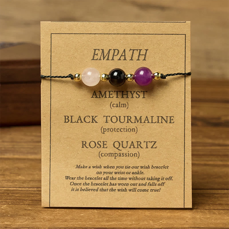 Wear FengShui Amethyst Black Tourmaline Rose Quartz Empath Card Rope Bracelet