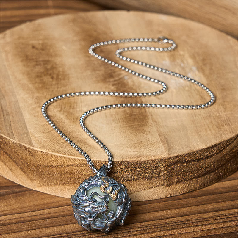 Wear FengShui Copper Dragon Surrounding Bead Strength Pendant Necklace