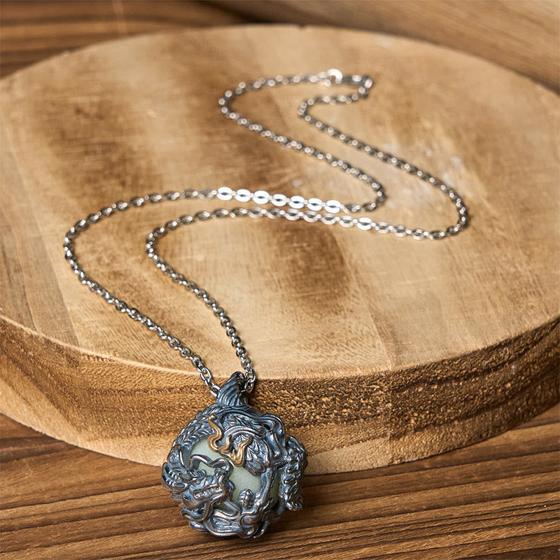 Wear FengShui Copper Dragon Surrounding Bead Strength Pendant Necklace