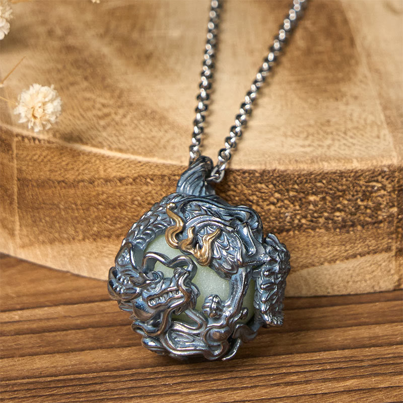 Wear FengShui Copper Dragon Surrounding Bead Strength Pendant Necklace