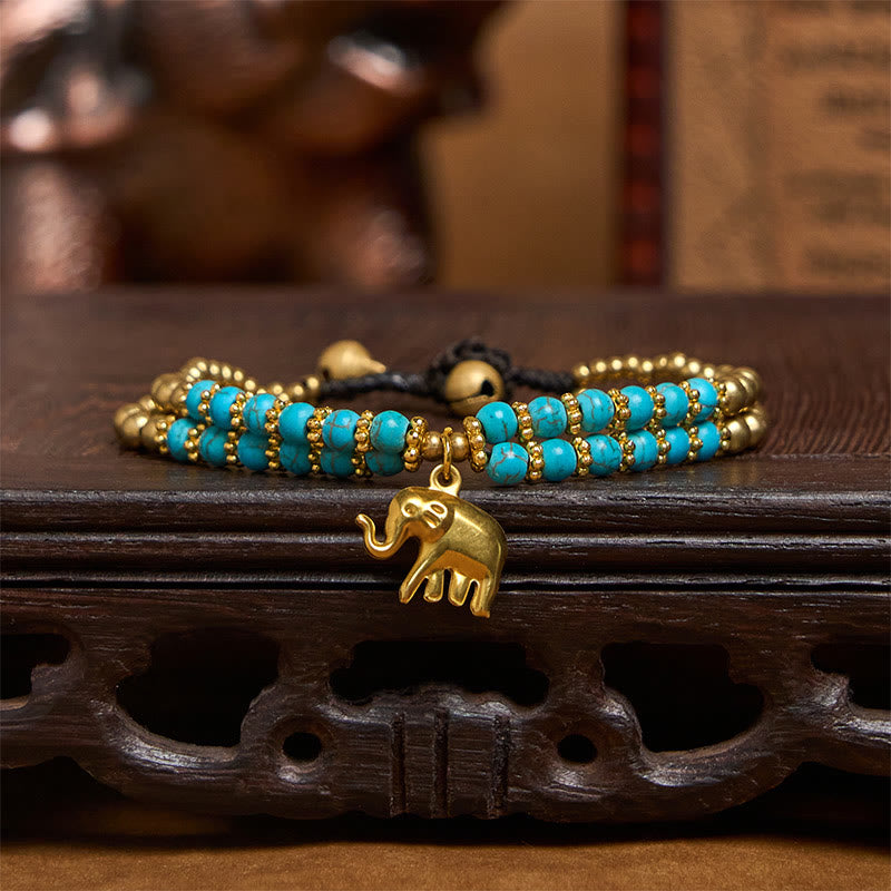 Wear FengShui Turquoise Elephant Luck Double-layer Plated Copper Strength Bracelet
