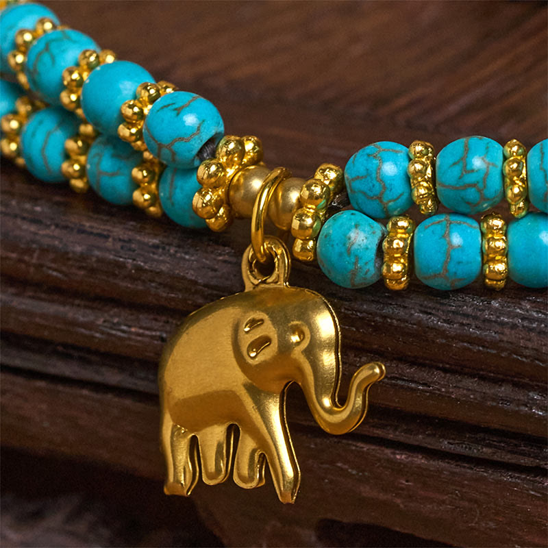 Wear FengShui Turquoise Elephant Luck Double-layer Plated Copper Strength Bracelet