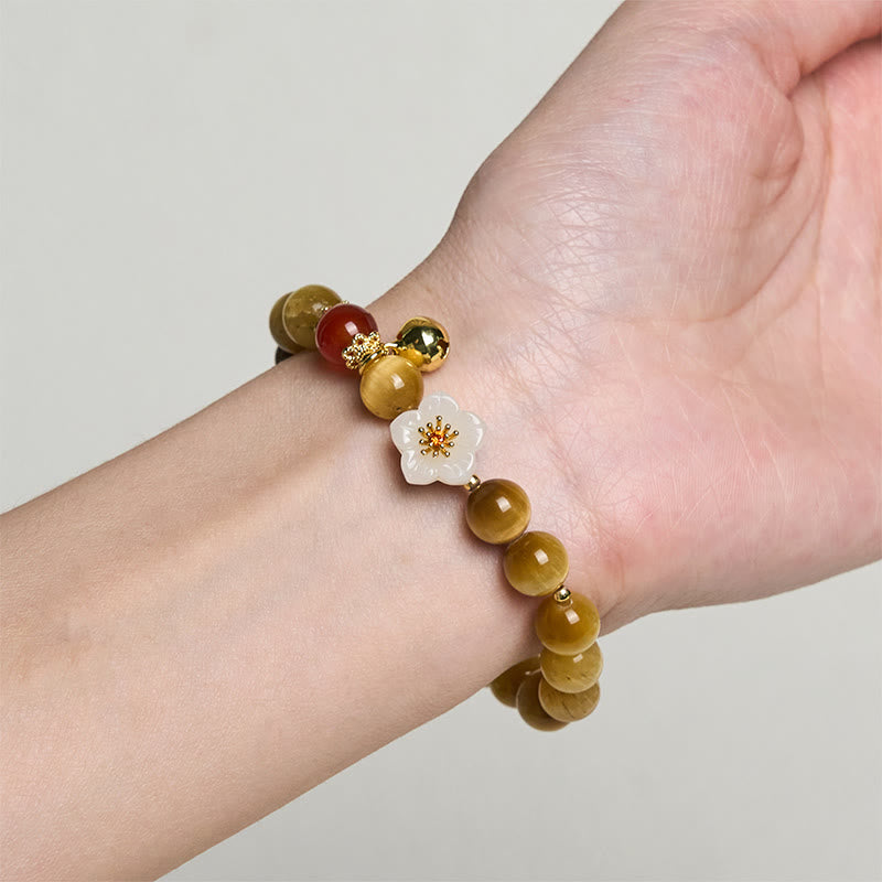 Wear FengShui Natural Golden Tiger Eye Bell Flower Courage Bracelet