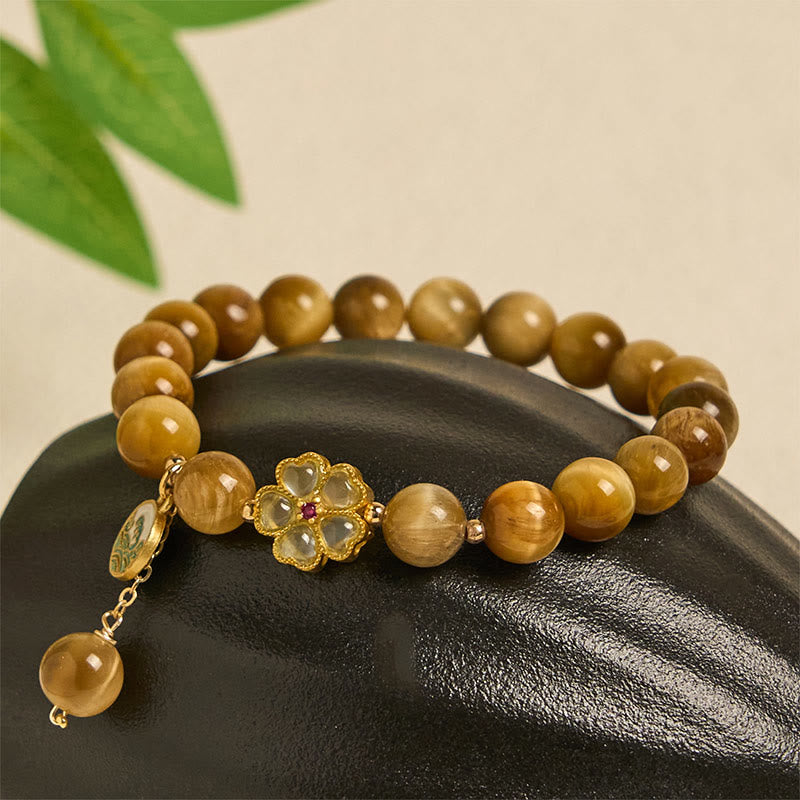 Wear FengShui Natural Golden Tiger Eye Bell Flower Courage Bracelet