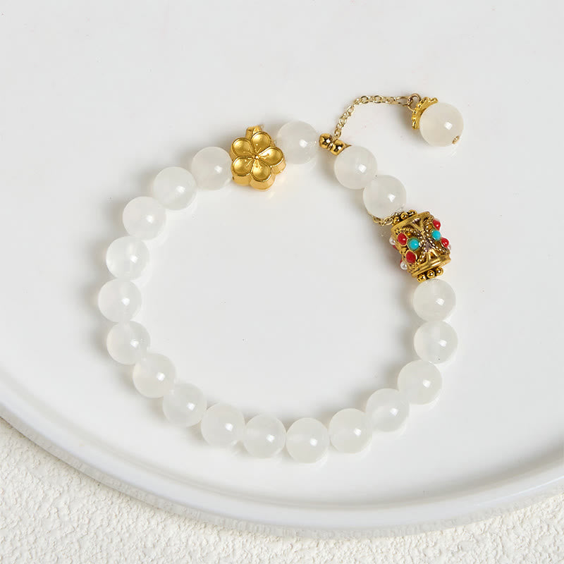 Wear FengShui Tibetan White Agate Crystal Stone Flowers Positivity Bracelet