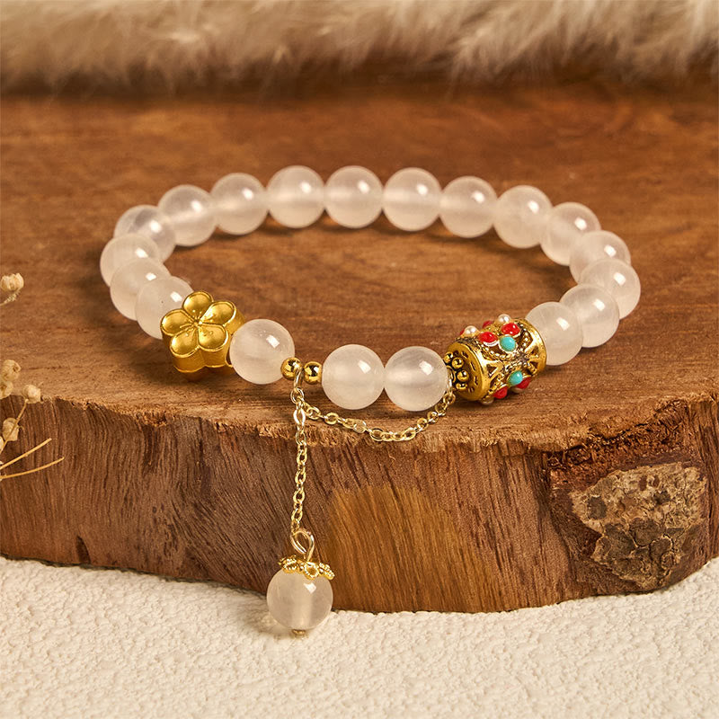 Wear FengShui Tibetan White Agate Crystal Stone Flowers Positivity Bracelet