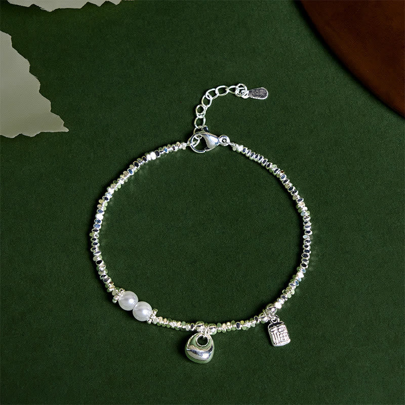Wear FengShui Copper Plated Silver Fu Character Purse Pearl Blessing Bracelet