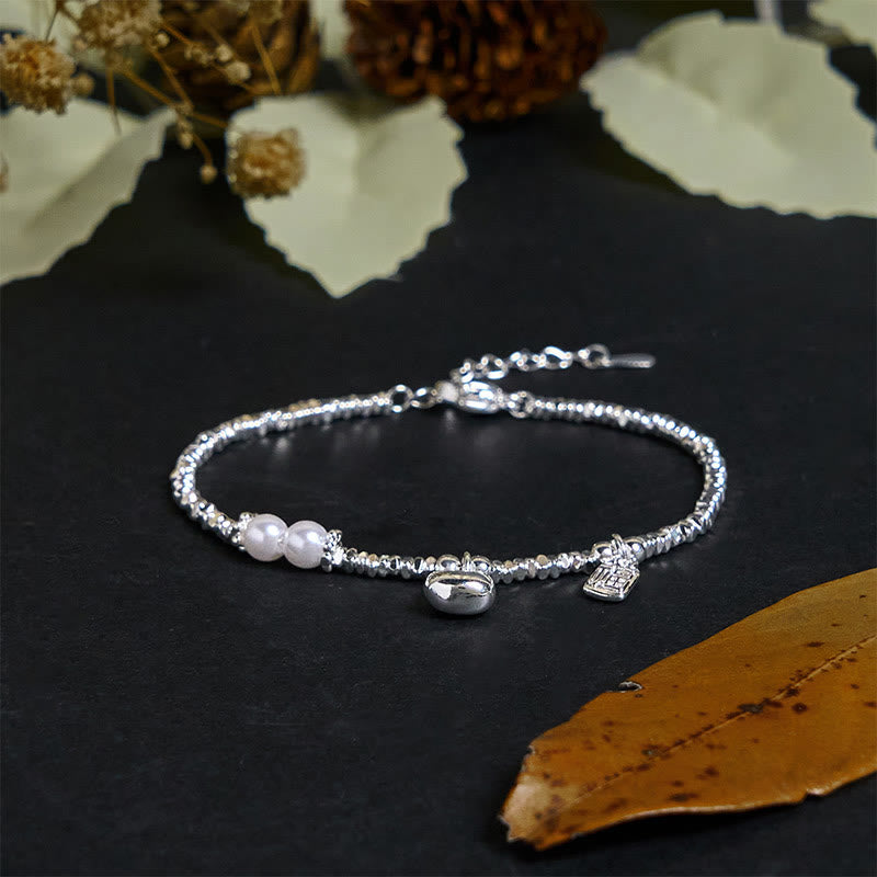 Wear FengShui Copper Plated Silver Fu Character Purse Pearl Blessing Bracelet
