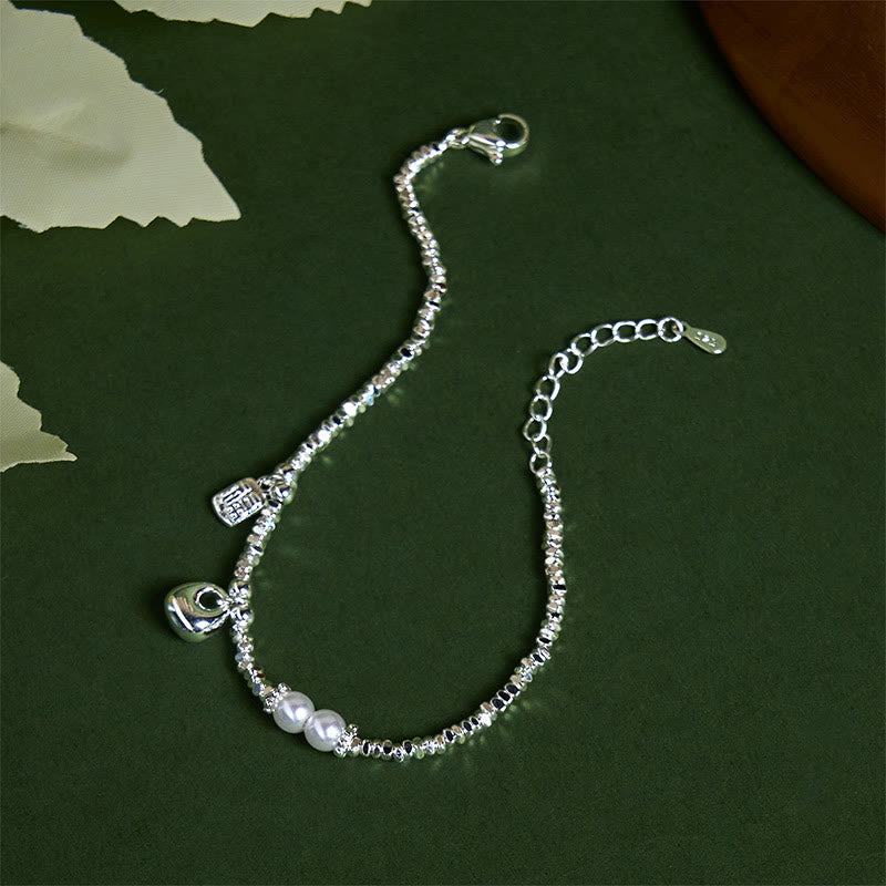 Wear FengShui Copper Plated Silver Fu Character Purse Pearl Blessing Bracelet
