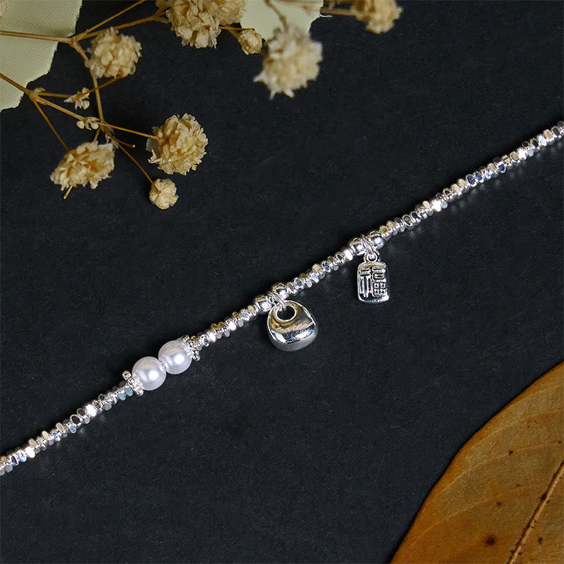 Wear FengShui Copper Plated Silver Fu Character Purse Pearl Blessing Bracelet