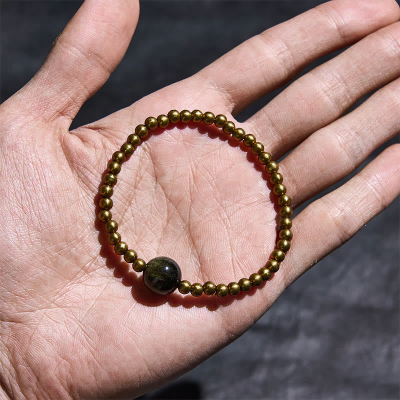 Wear FengShui Plated Copper Brass Gold Sheen Obsidian Protection Wealth Bracelet