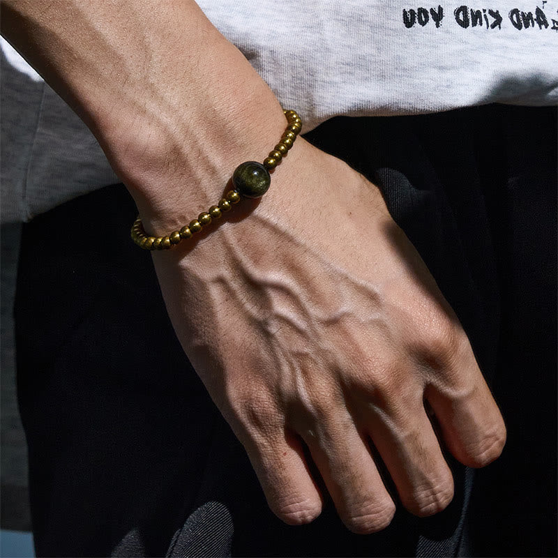 Wear FengShui Plated Copper Brass Gold Sheen Obsidian Protection Wealth Bracelet