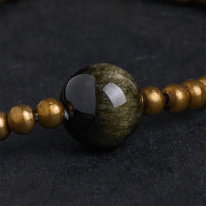 Wear FengShui Plated Copper Brass Gold Sheen Obsidian Protection Wealth Bracelet