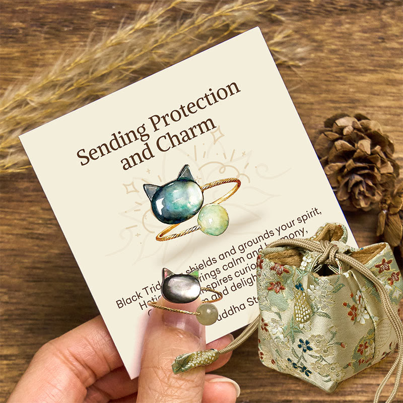 Wear FengShui "Sending Protection and Charm" Tridacna Stone Cat Ring Includes Gift Message Card
