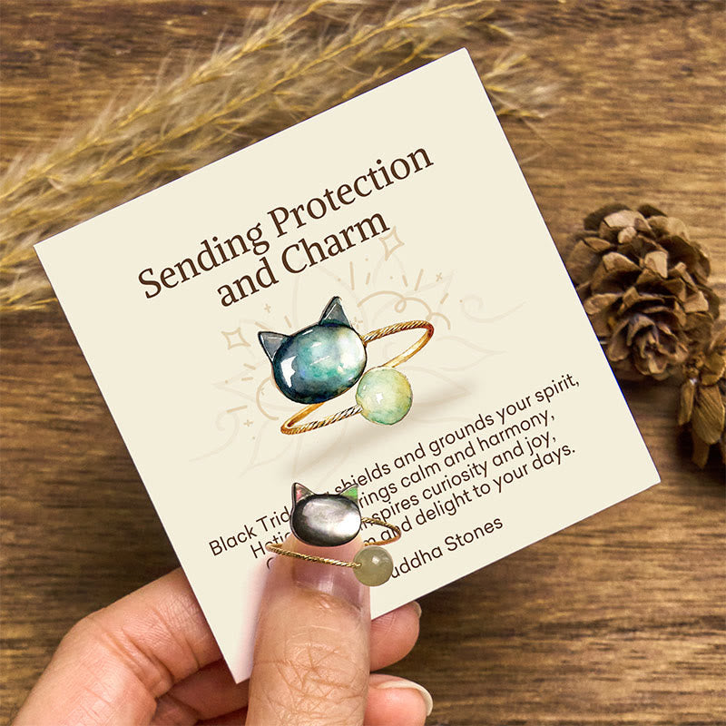Wear FengShui "Sending Protection and Charm" Tridacna Stone Cat Ring Includes Gift Message Card