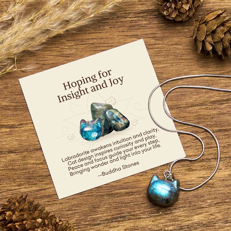 Wear FengShui "Hoping for Insight and Joy" Cat Labradorite Necklace Includes Gift Message Card