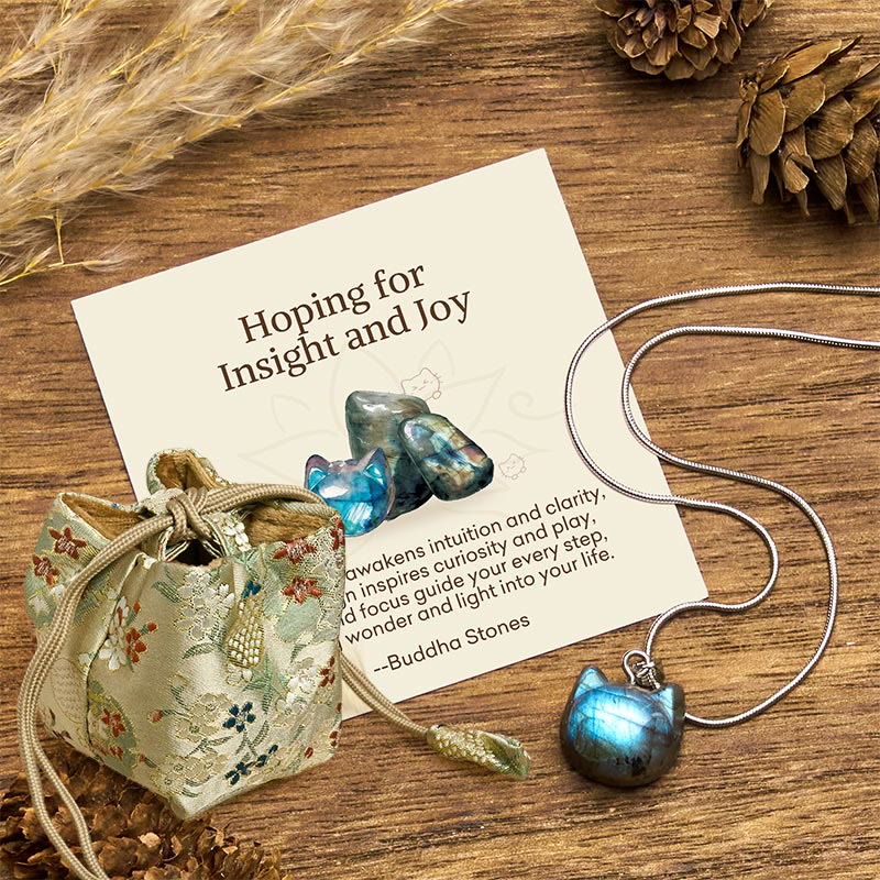 Wear FengShui "Hoping for Insight and Joy" Cat Labradorite Necklace Includes Gift Message Card
