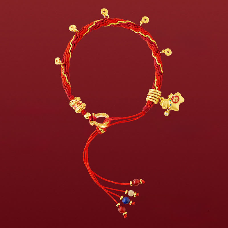 Wear FengShui Copper Plated 18k Gold Year Of The Horse Fu Character Red String Luck Braided Bracelet