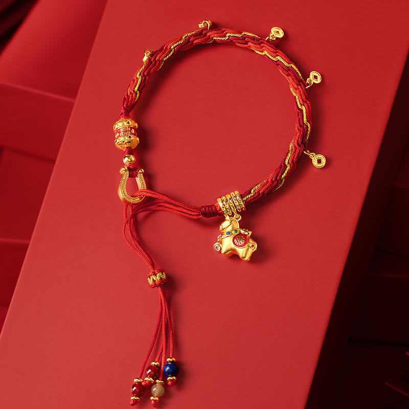 Wear FengShui Copper Plated 18k Gold Year Of The Horse Fu Character Red String Luck Braided Bracelet