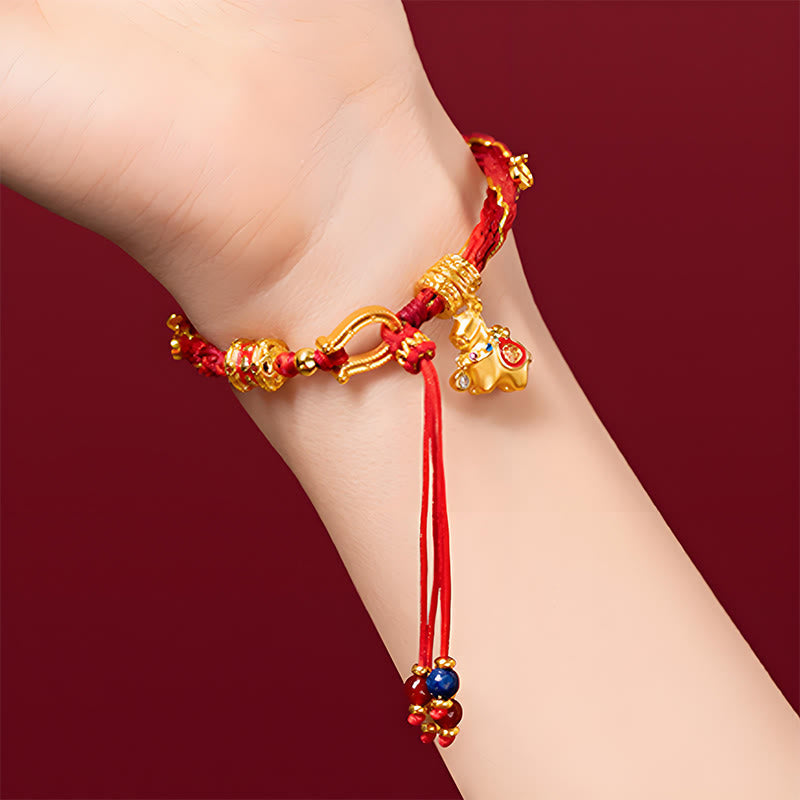 Wear FengShui Copper Plated 18k Gold Year Of The Horse Fu Character Red String Luck Braided Bracelet