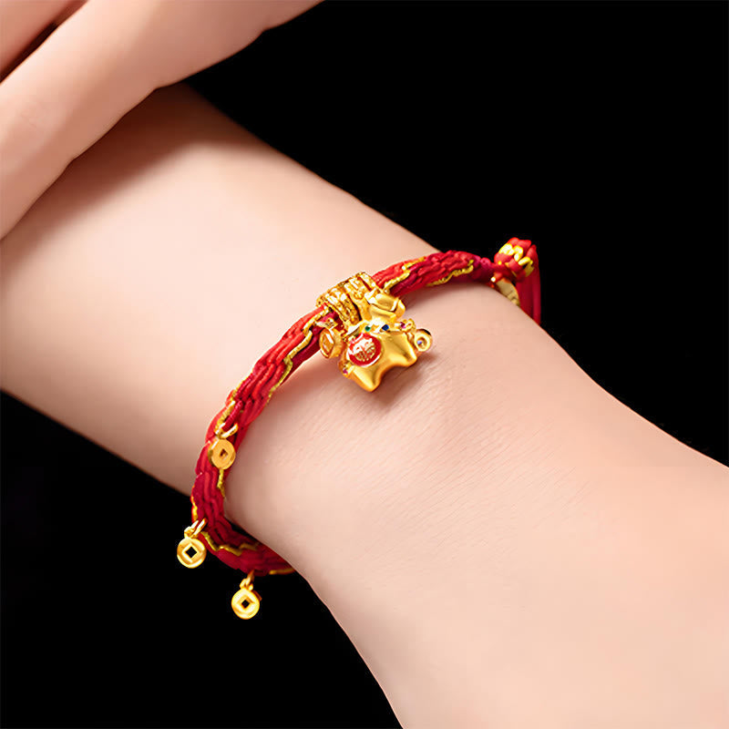 Wear FengShui Copper Plated 18k Gold Year Of The Horse Fu Character Red String Luck Braided Bracelet