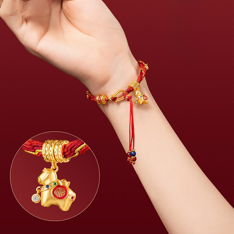 Wear FengShui Copper Plated 18k Gold Year Of The Horse Fu Character Red String Luck Braided Bracelet