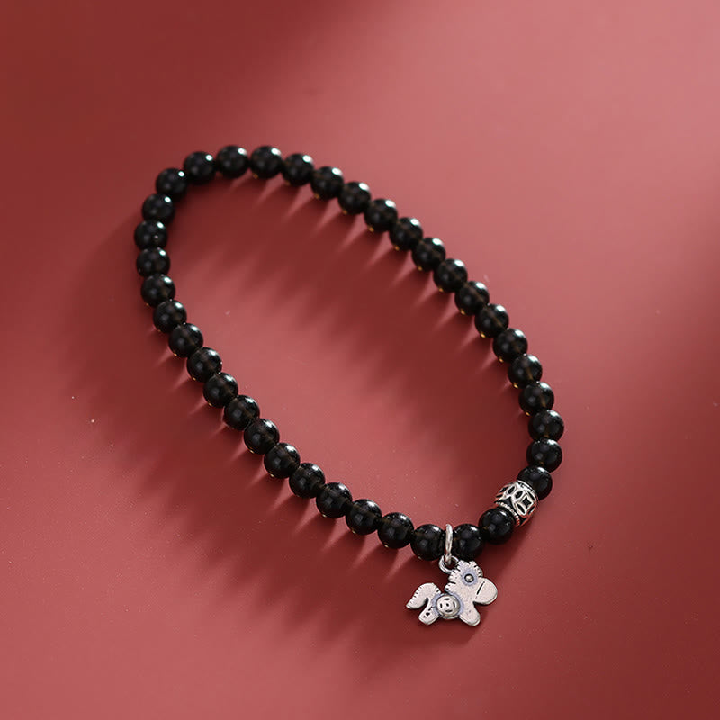 Wear FengShui Year Of The Horse 925 Sterling Silver Natural Black Obsidian Strength Bracelet