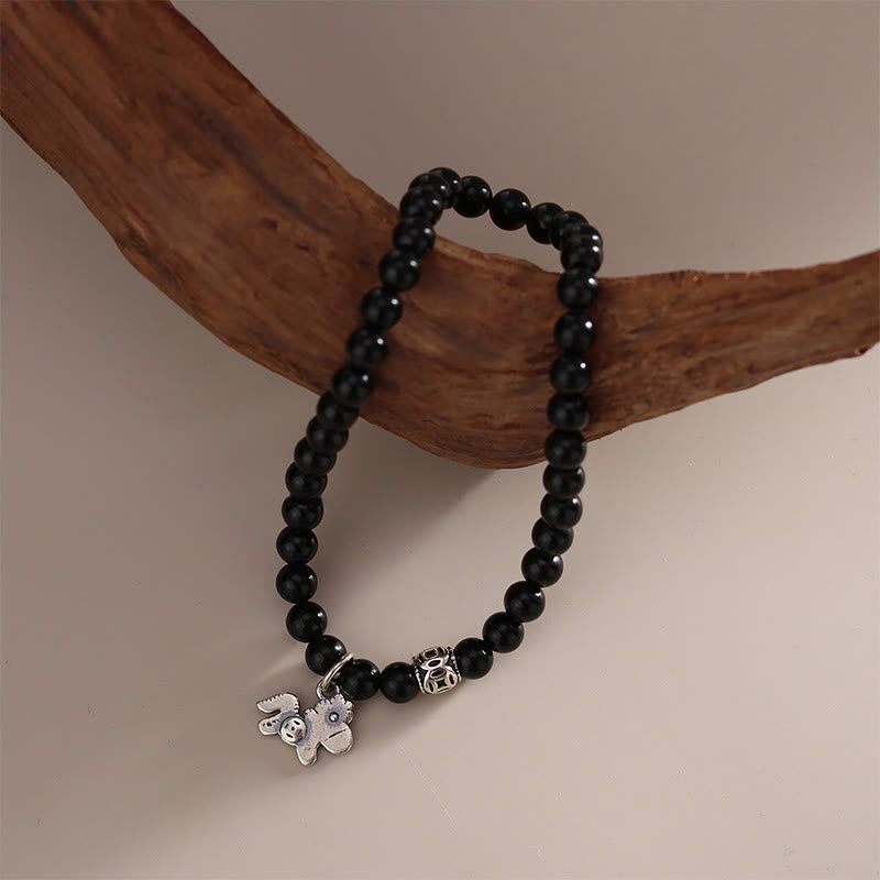 Wear FengShui Year Of The Horse 925 Sterling Silver Natural Black Obsidian Strength Bracelet