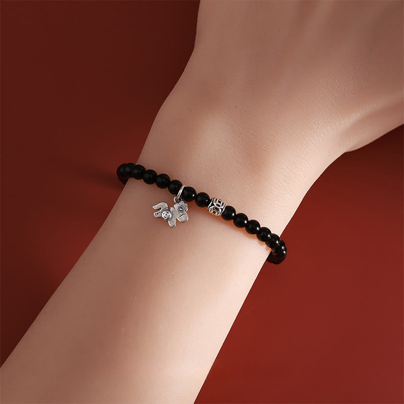 Wear FengShui Year Of The Horse 925 Sterling Silver Natural Black Obsidian Strength Bracelet