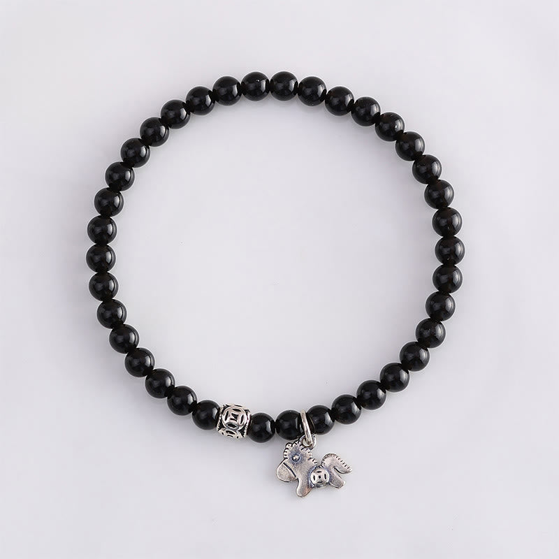 Wear FengShui Year Of The Horse 925 Sterling Silver Natural Black Obsidian Strength Bracelet