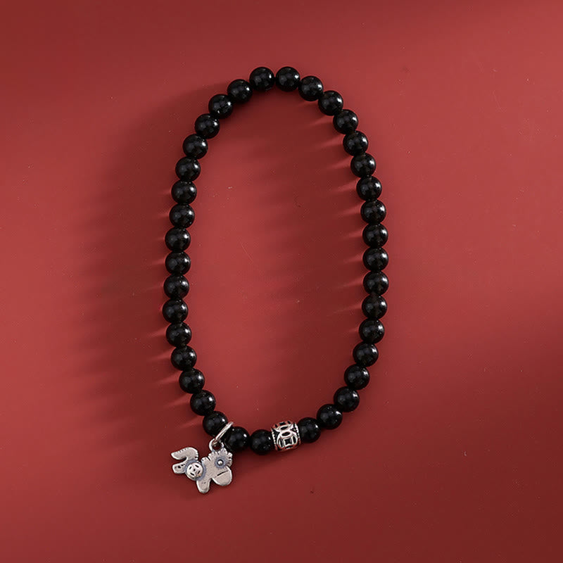 Wear FengShui Year Of The Horse 925 Sterling Silver Natural Black Obsidian Strength Bracelet