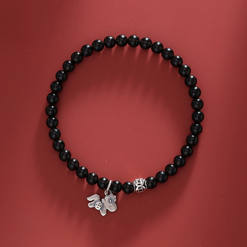 Wear FengShui Year Of The Horse 925 Sterling Silver Natural Black Obsidian Strength Bracelet