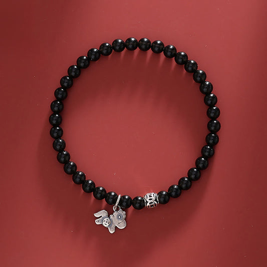 Wear FengShui Year Of The Horse 925 Sterling Silver Natural Black Obsidian Strength Bracelet