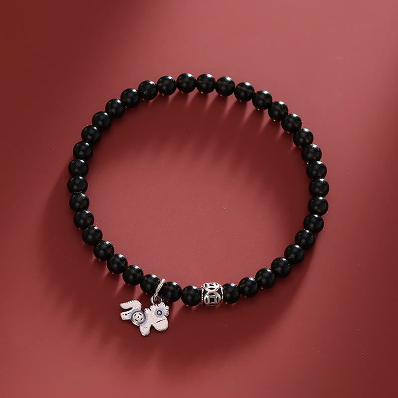 Wear FengShui Year Of The Horse 925 Sterling Silver Natural Black Obsidian Strength Bracelet