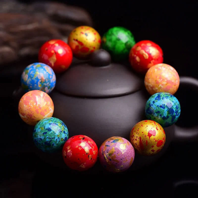Wear FengShui Multicolored Lacquer Craft Sandalwood Single Wrap Beaded Protection Bracelet