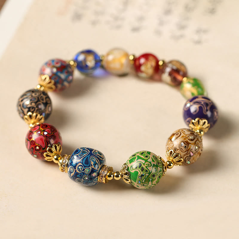 Wear FengShui Colorful Liuli Glass Sandalwood Gourd Bead Lacquer Craft Bracelet