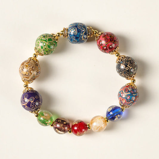 Wear FengShui Colorful Liuli Glass Sandalwood Gourd Bead Lacquer Craft Bracelet